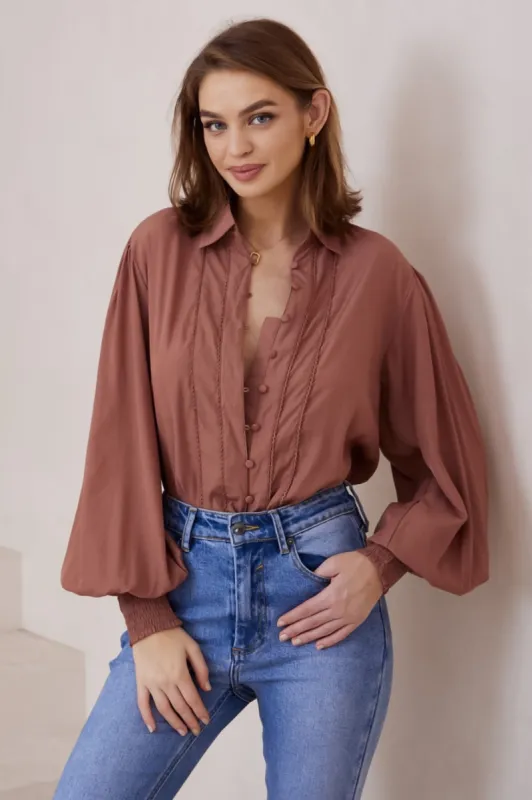 Aralyn Blouse - Balloon Sleeve Button Down Shirt in Dusty Rose sold by Salty Crush
