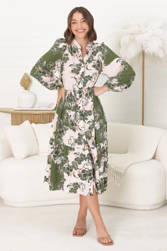 Milie Midi Dress - Mandarin Collar Button Down Dress With Belt In Dora Print Green sold by Salty Crush