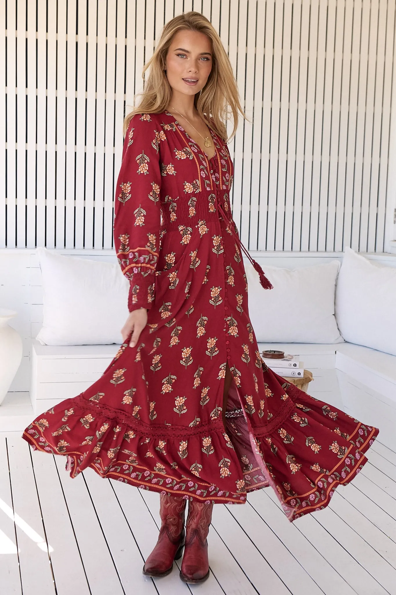 JAASE - Sabrina Maxi Dress: A Line Button Through Dress with Long Sleeves in Grenache Print sold by Salty Crush