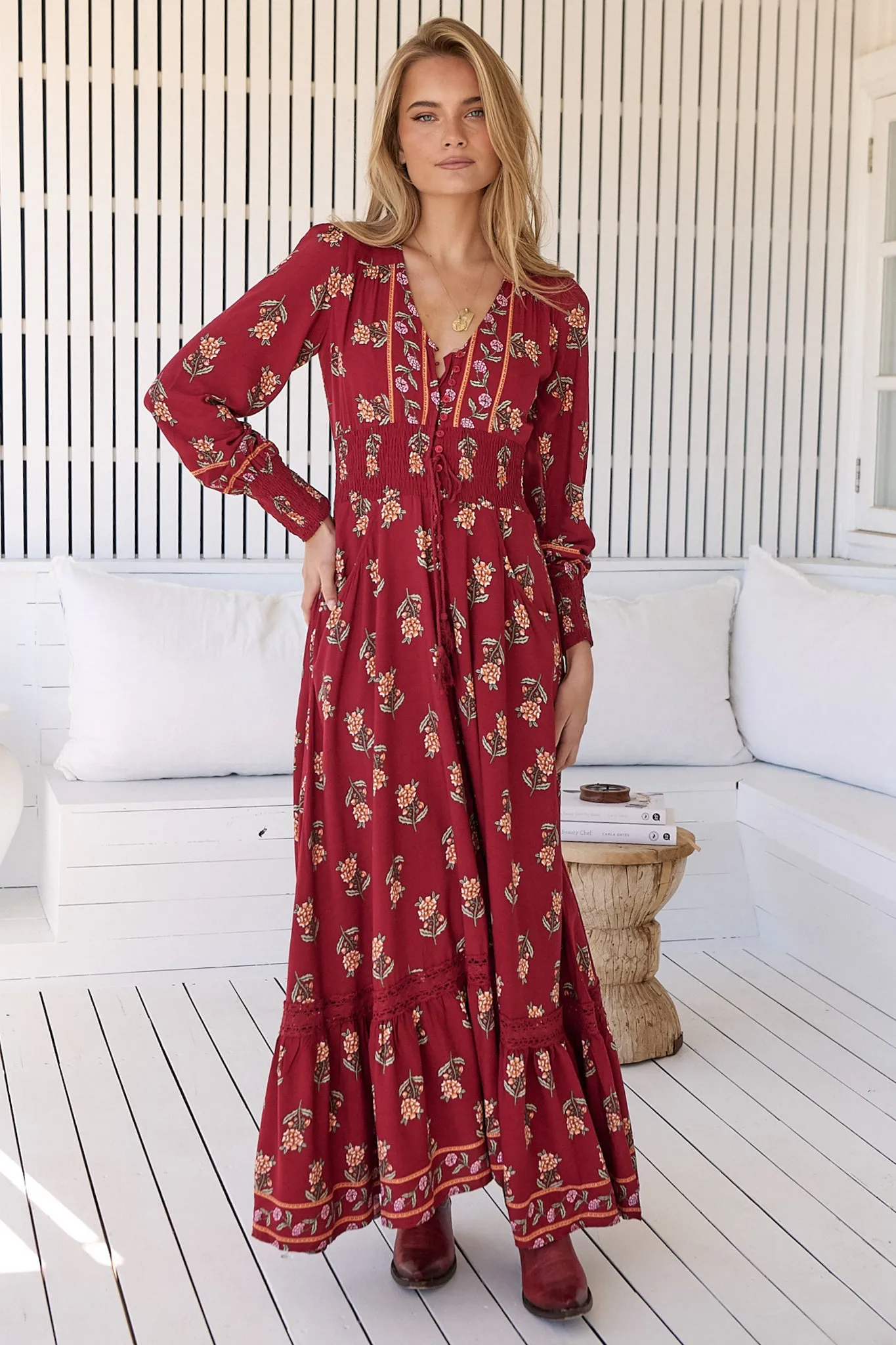 JAASE - Sabrina Maxi Dress: A Line Button Through Dress with Long Sleeves in Grenache Print sold by Salty Crush product image thumbnail 5