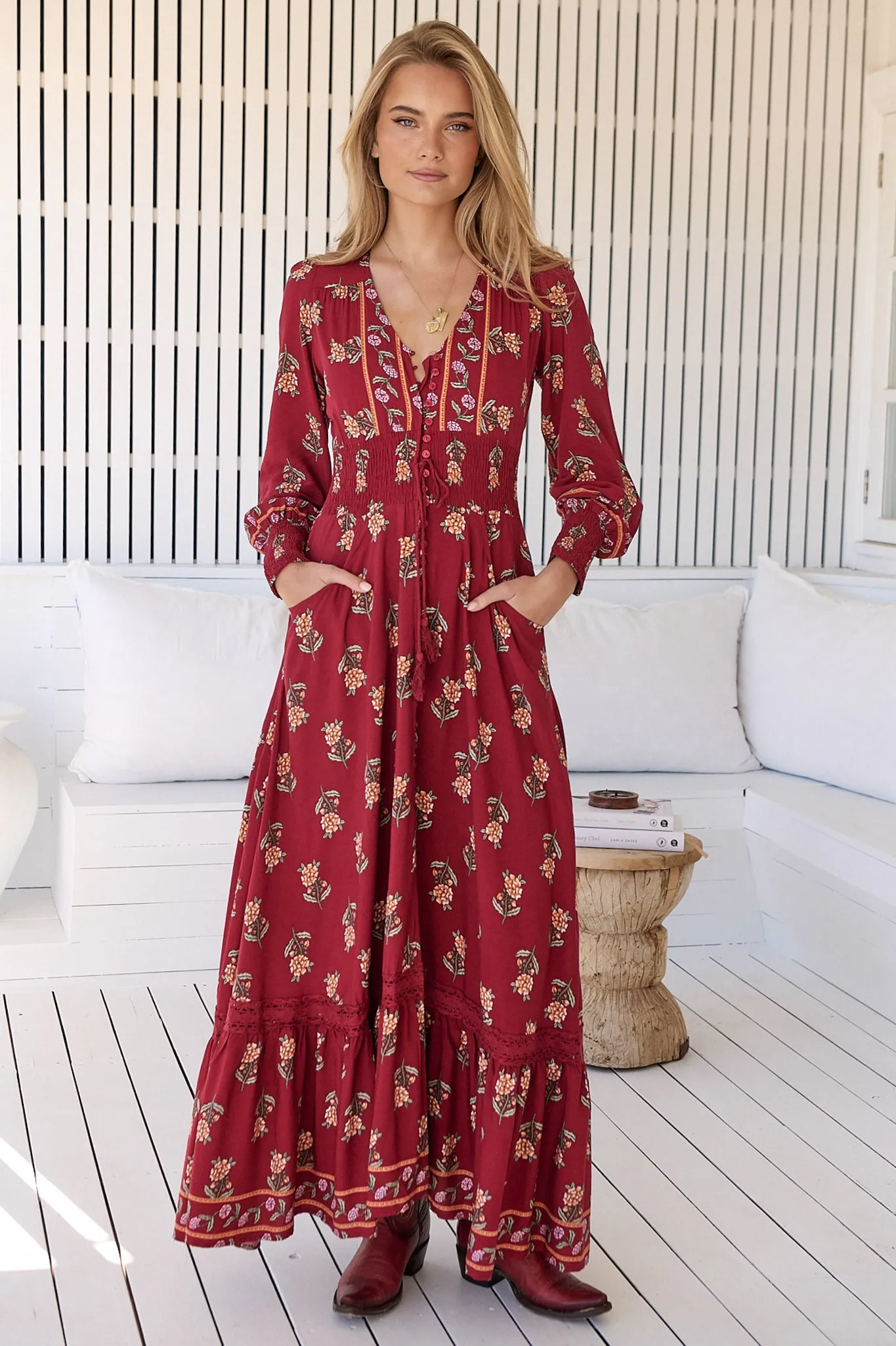 JAASE - Sabrina Maxi Dress: A Line Button Through Dress with Long Sleeves in Grenache Print sold by Salty Crush product image thumbnail 3