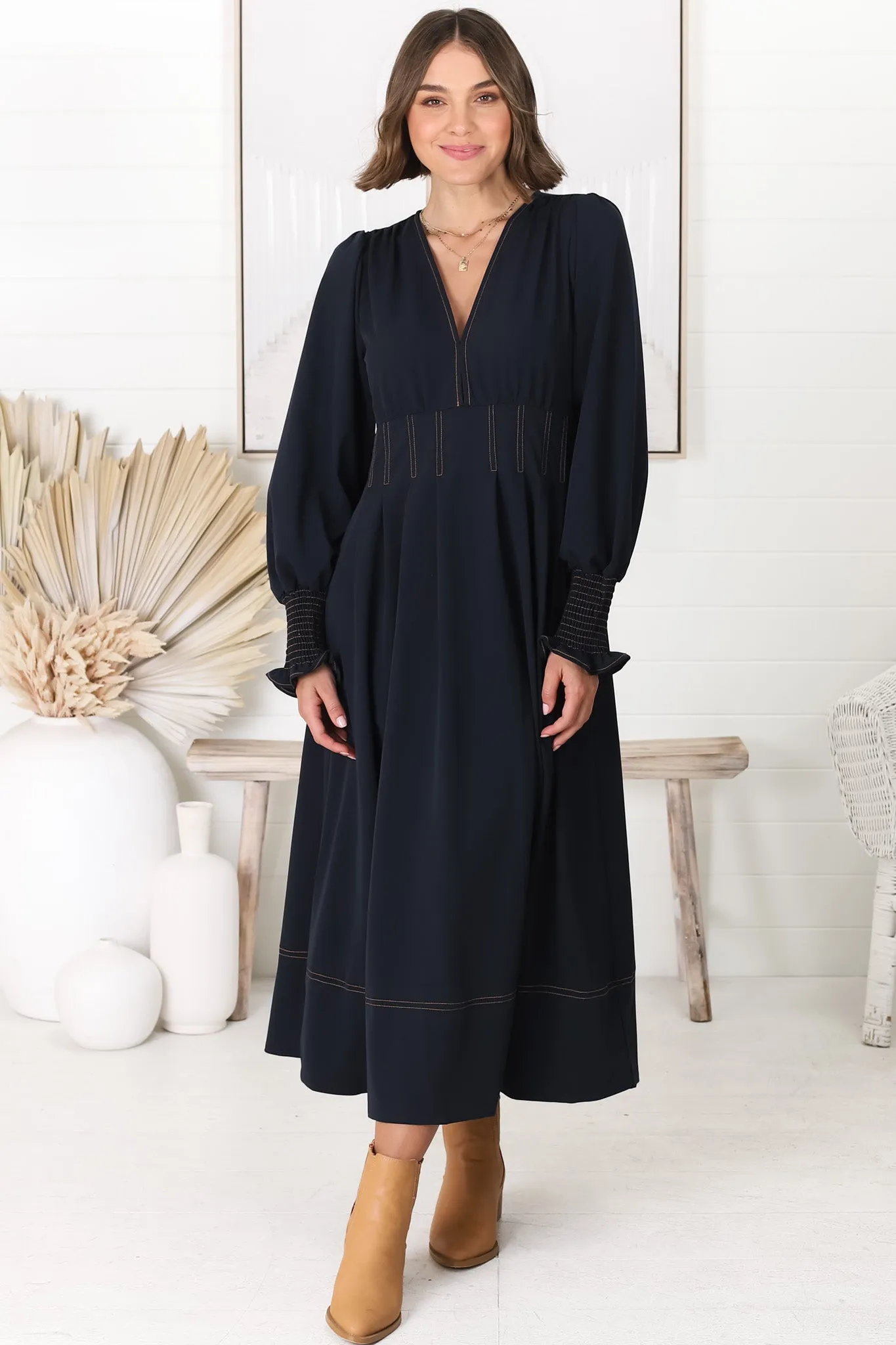 Karey Midi Dress - Dark Denim Fit and Flare Contrast Stitching Midi Dress sold by Salty Crush product image thumbnail 4