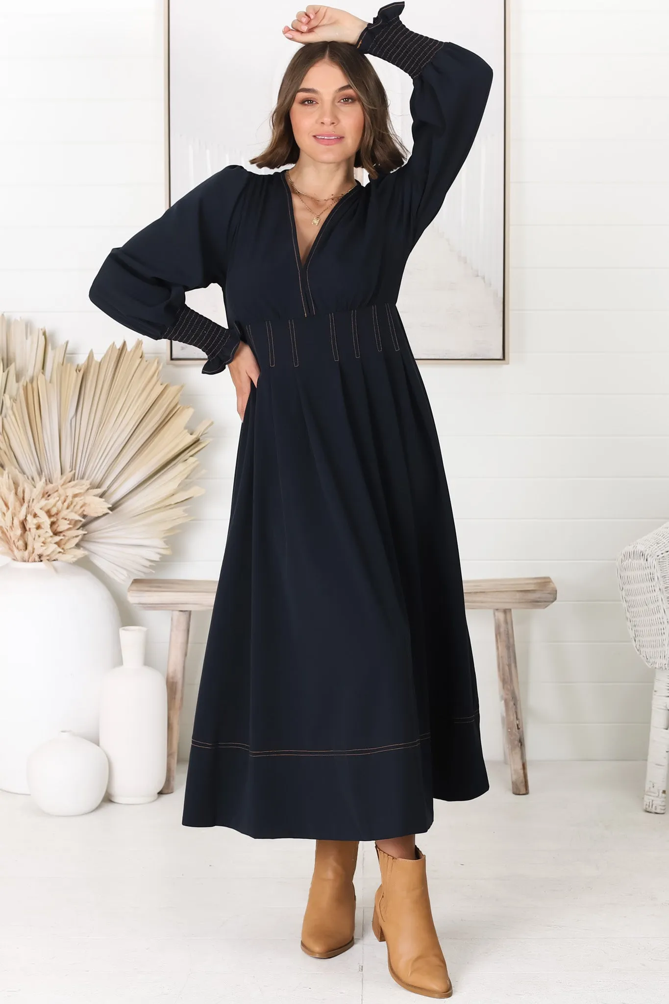 Karey Midi Dress - Dark Denim Fit and Flare Contrast Stitching Midi Dress sold by Salty Crush