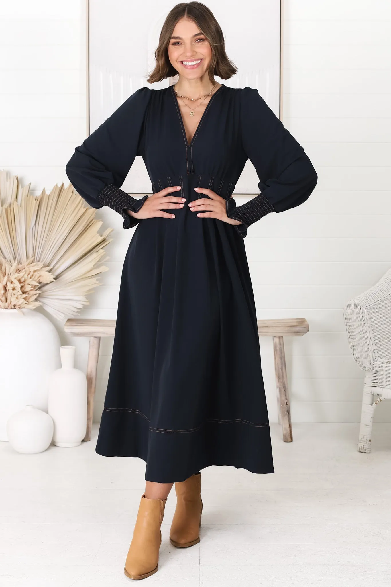 Karey Midi Dress - Dark Denim Fit and Flare Contrast Stitching Midi Dress sold by Salty Crush product image thumbnail 5