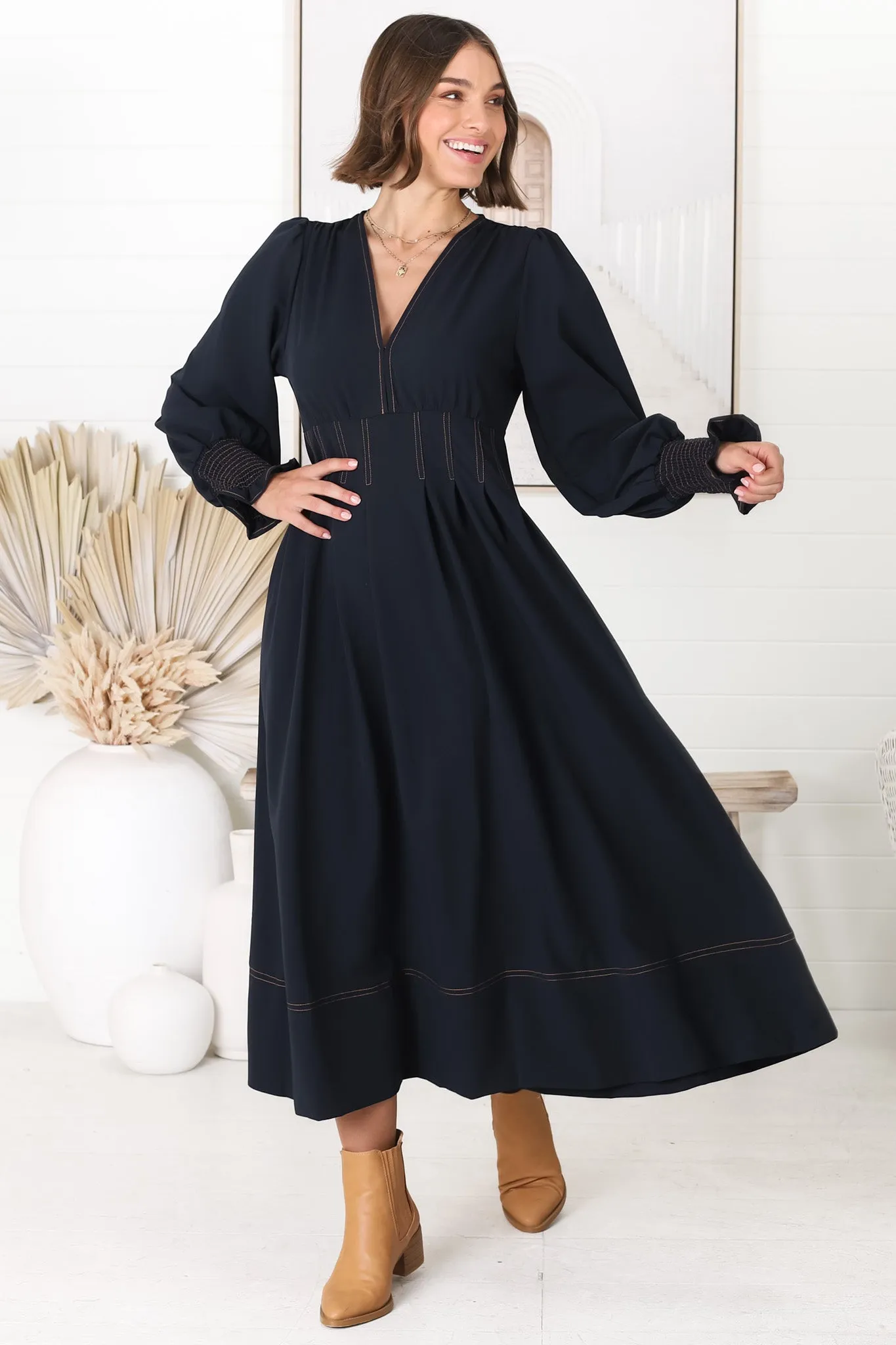 Karey Midi Dress - Dark Denim Fit and Flare Contrast Stitching Midi Dress sold by Salty Crush product image thumbnail 2