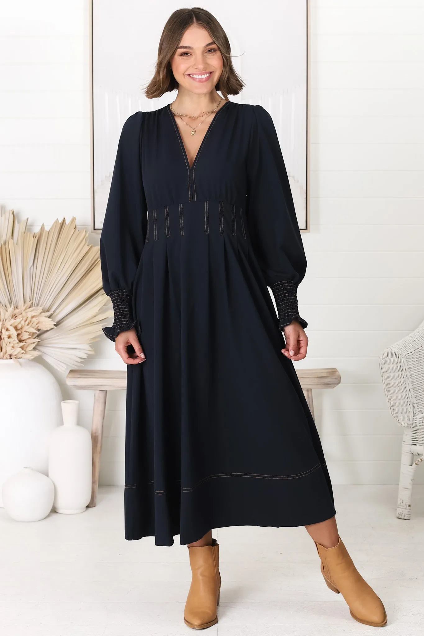 Karey Midi Dress - Dark Denim Fit and Flare Contrast Stitching Midi Dress sold by Salty Crush product image thumbnail 3