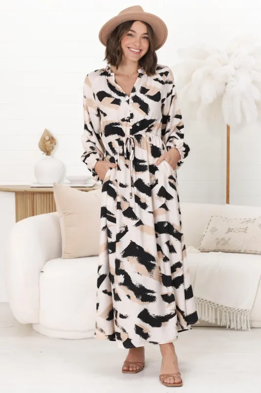 Halle Maxi Dress - Frill Mandarin Collar A Line Dress in Romy Print Beige sold by Salty Crush