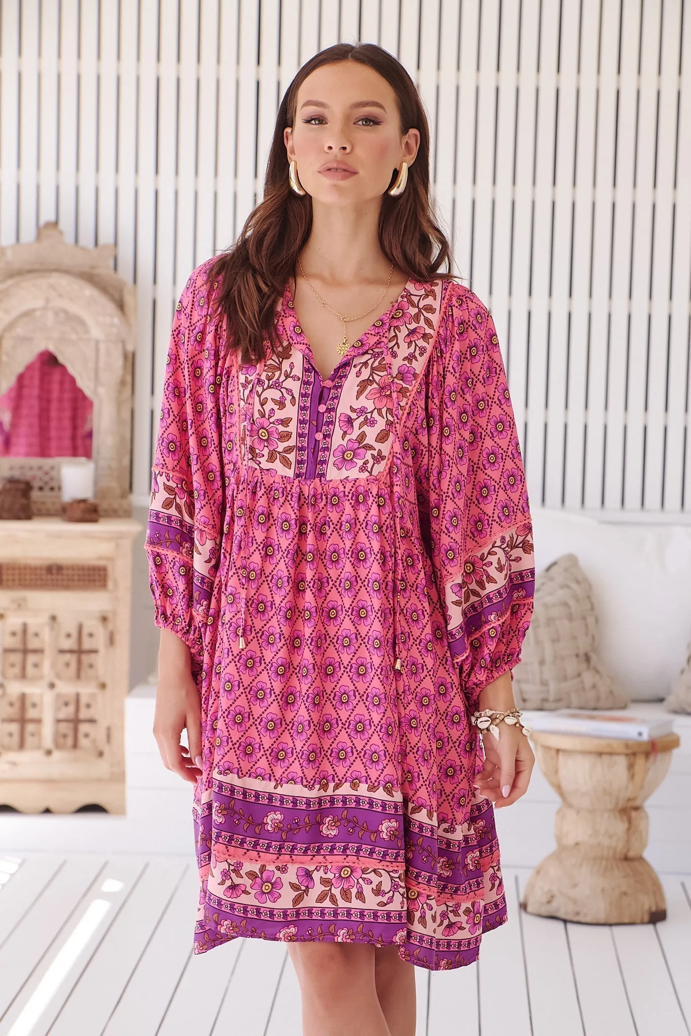 JAASE - Adela Mini Dress: Oversized Batwing Smock Dress in Jolene Print sold by Salty Crush product image thumbnail 4