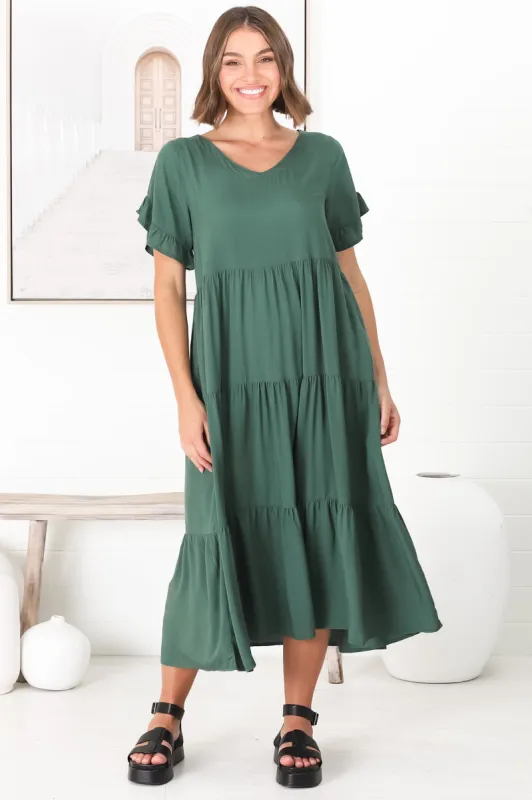 Ame Midi Dress - V Neck Frill Sleeve Tiered Dress in Emerald sold by Salty Crush