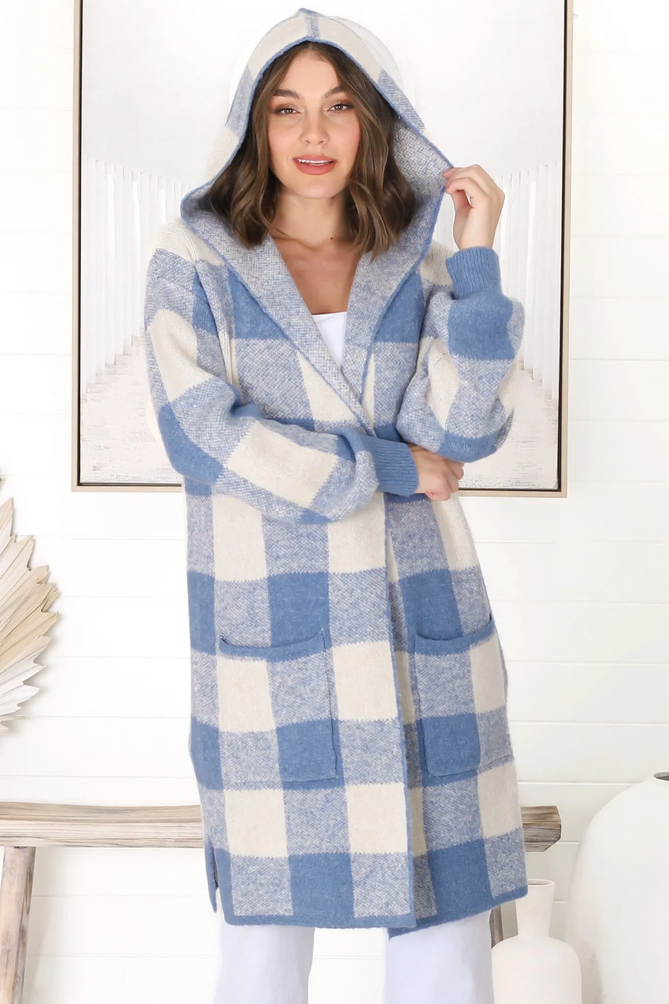 Nowel Cardigan - Hooded Checkered Cardigan with Pockets in Blue sold by Salty Crush product image thumbnail 5