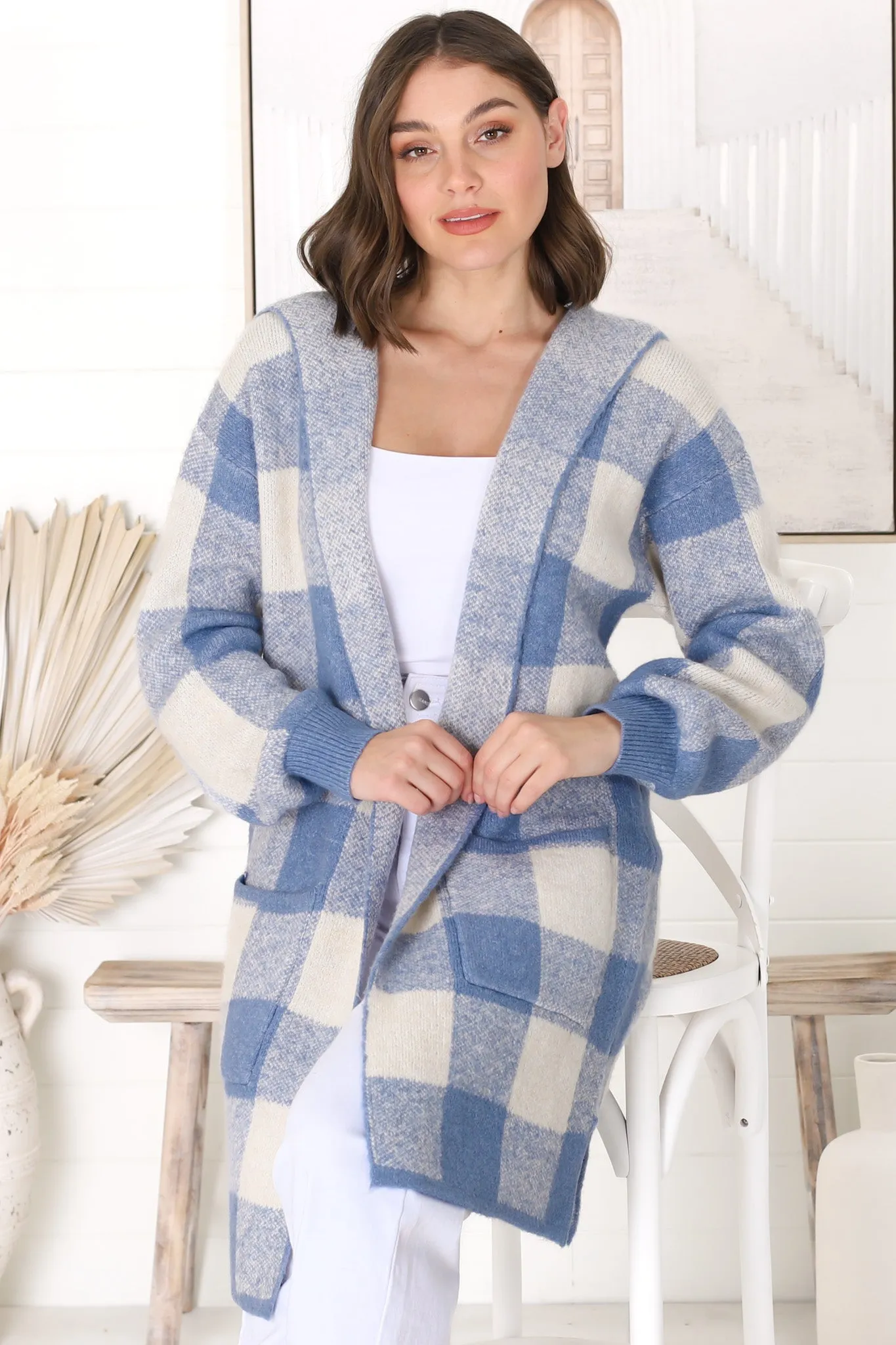 Nowel Cardigan - Hooded Checkered Cardigan with Pockets in Blue sold by Salty Crush product image thumbnail 2