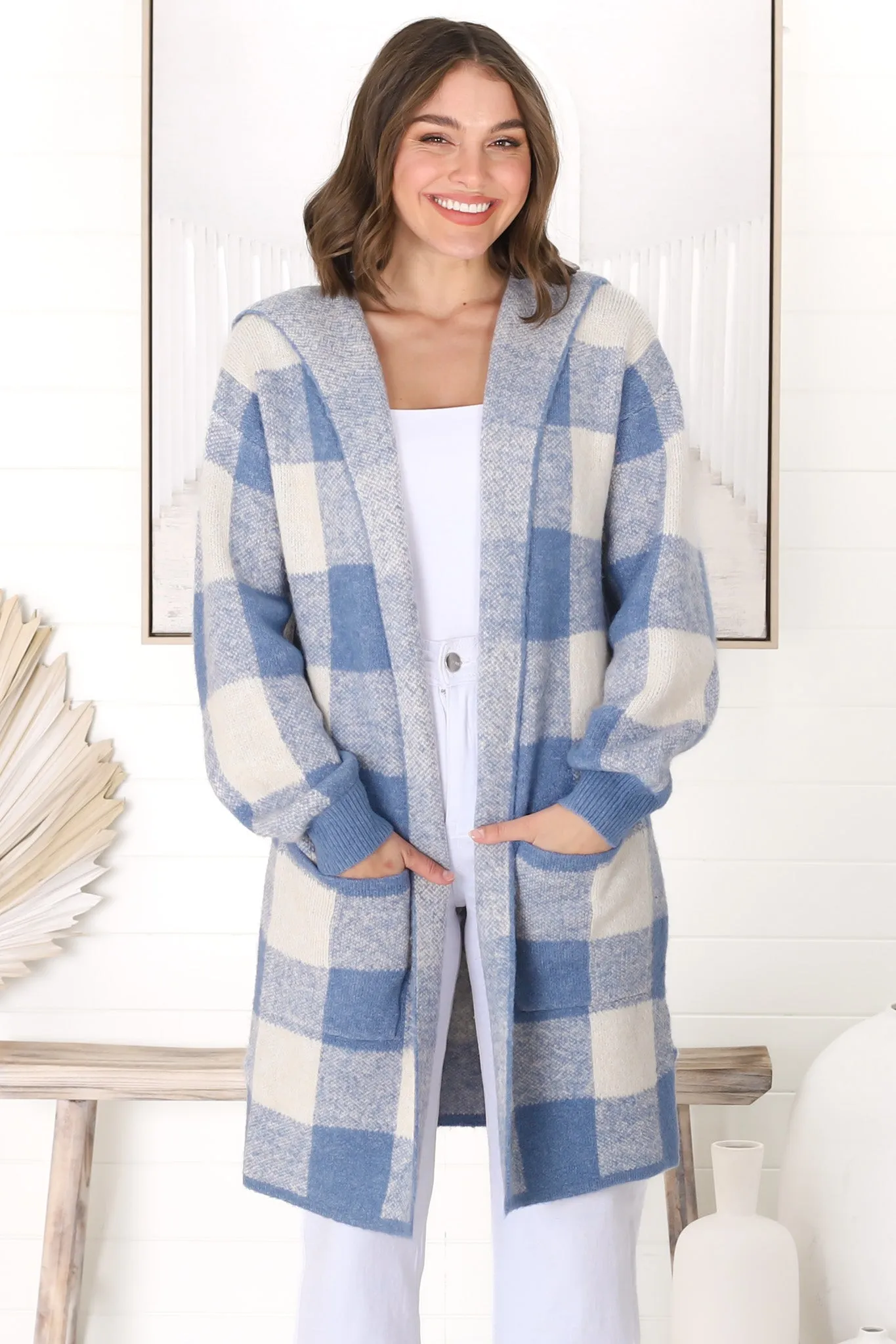 Nowel Cardigan - Hooded Checkered Cardigan with Pockets in Blue sold by Salty Crush