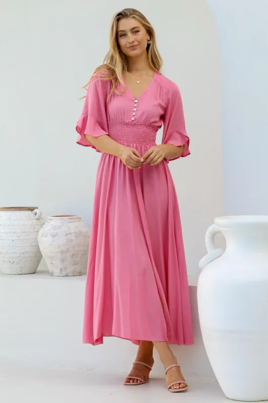 Alba Maxi Dress - Buttoned Bodice A Line Dress with Flute Sleeves in Pink sold by Salty Crush