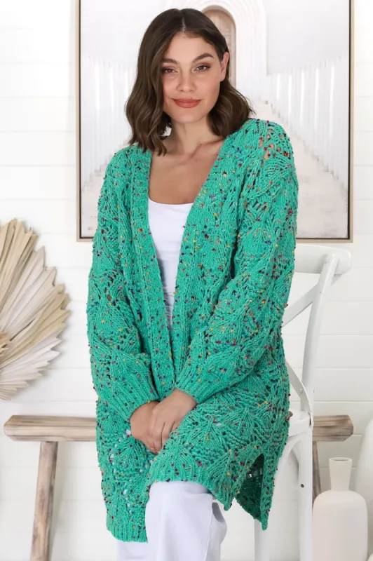 Honour Cardigan - Rainbow Speck Open Knit Cardigan in Seafoam Green sold by Salty Crush