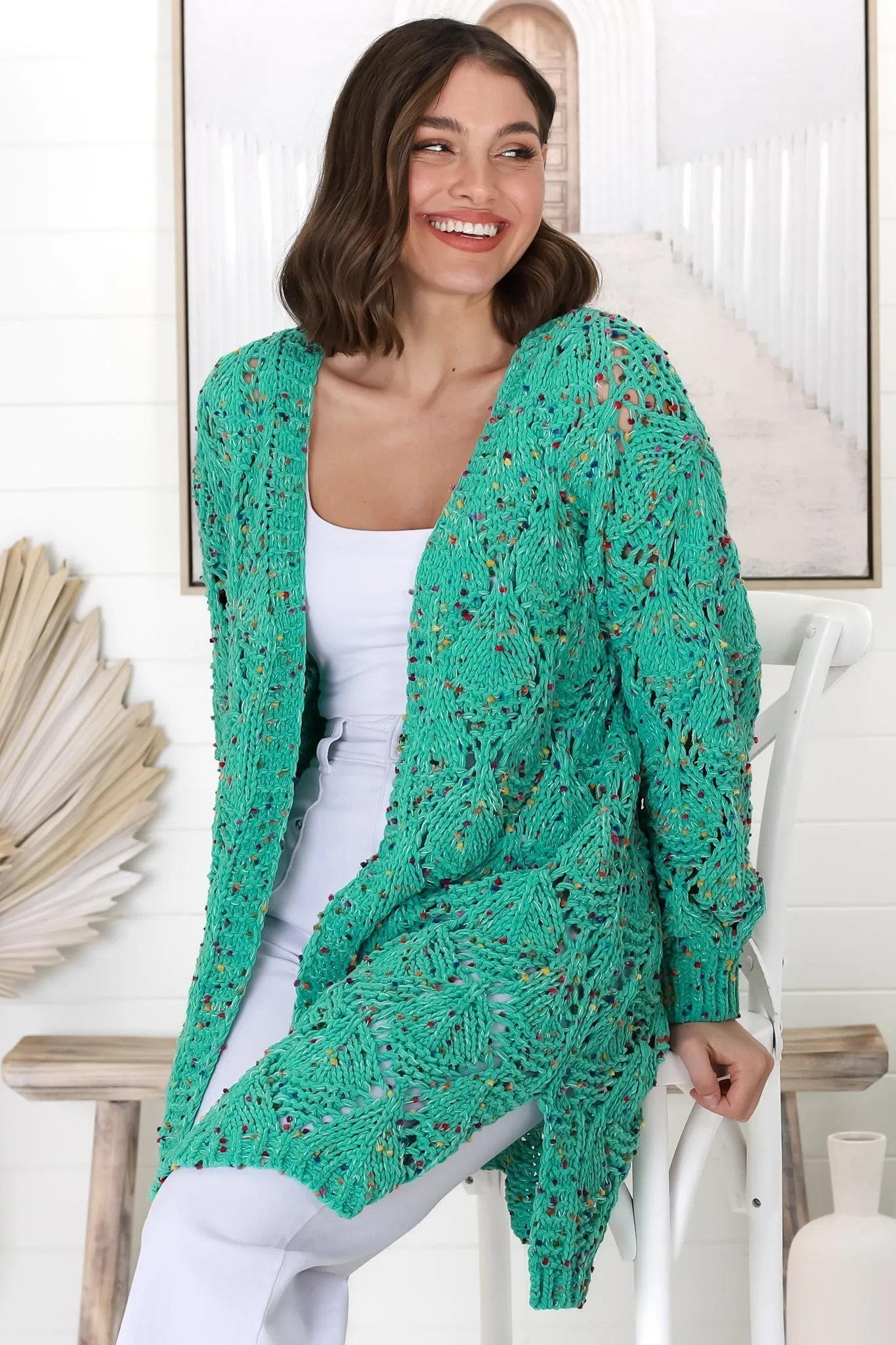 Honour Cardigan - Rainbow Speck Open Knit Cardigan in Seafoam Green sold by Salty Crush product image thumbnail 4