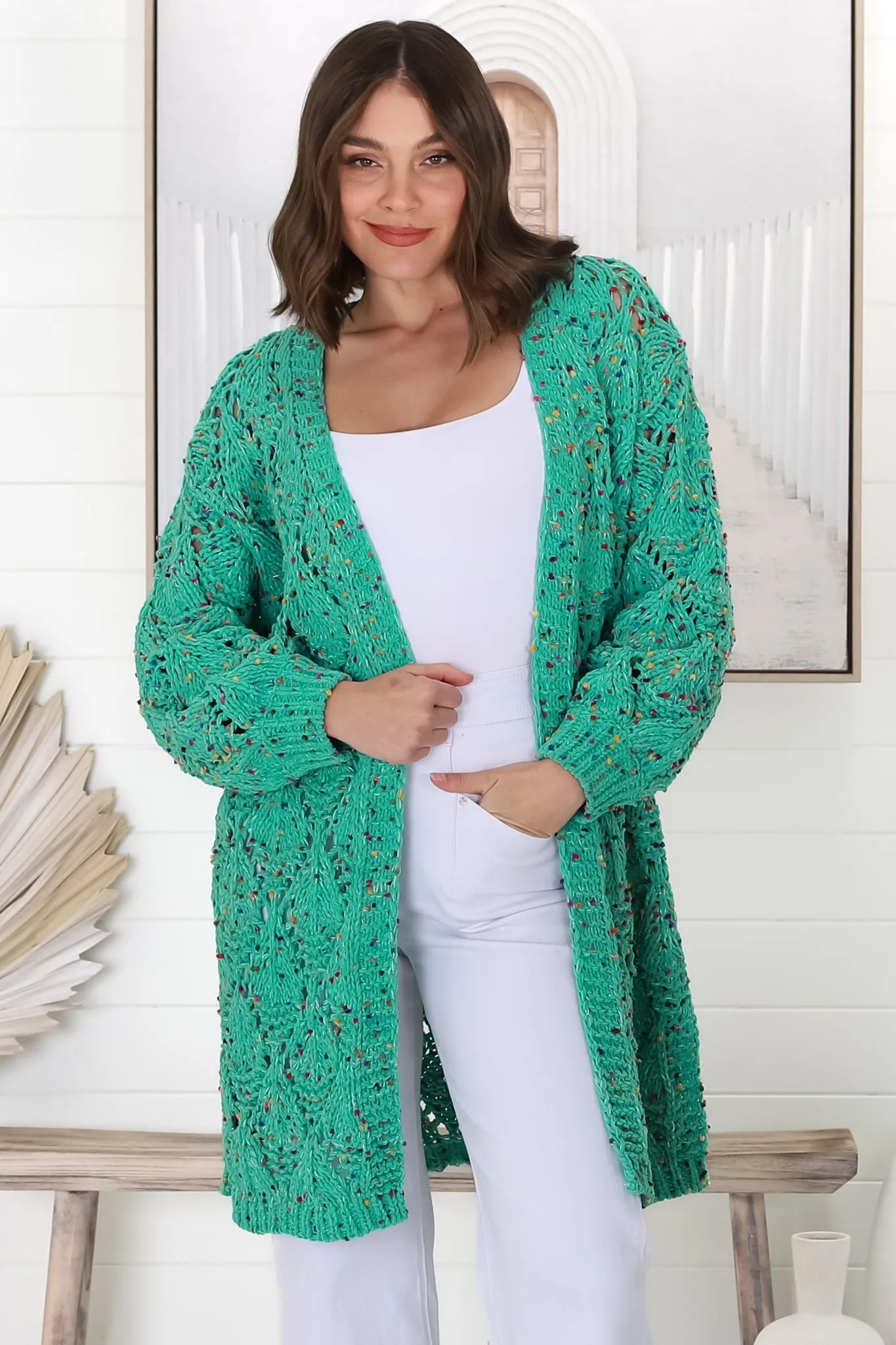 Honour Cardigan - Rainbow Speck Open Knit Cardigan in Seafoam Green sold by Salty Crush product image thumbnail 3