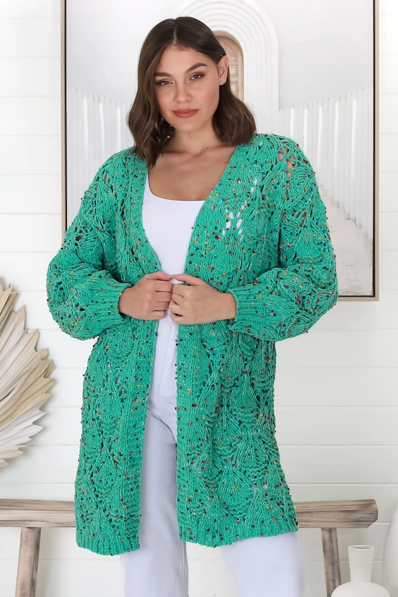 Honour Cardigan - Rainbow Speck Open Knit Cardigan in Seafoam Green sold by Salty Crush product image thumbnail 2