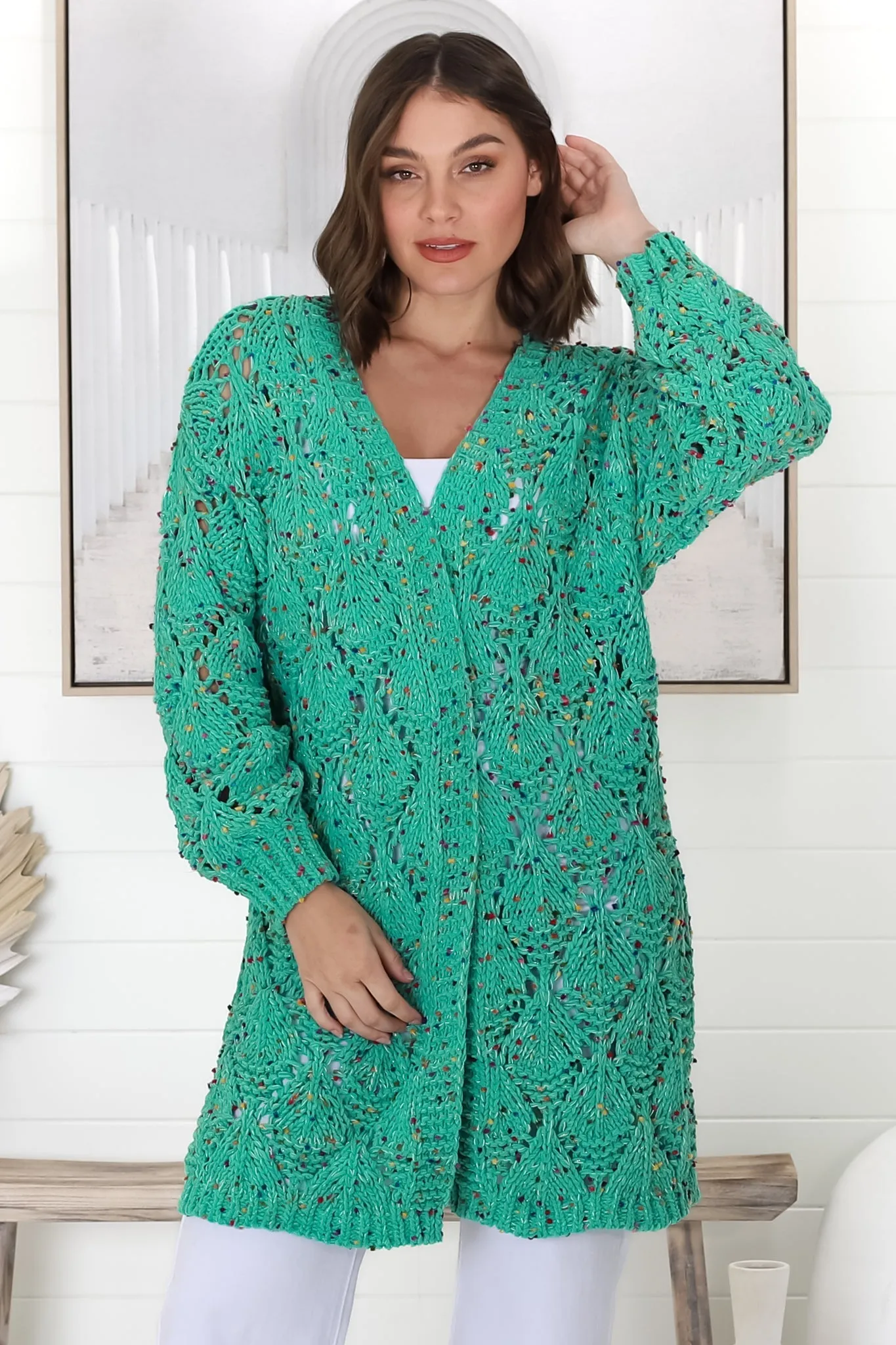 Honour Cardigan - Rainbow Speck Open Knit Cardigan in Seafoam Green sold by Salty Crush product image thumbnail 5