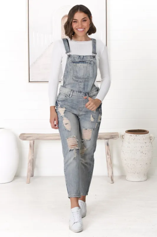 Aeryn Denim Overalls - Straight Leg Dungarees in Stone Wash Denim sold by Salty Crush