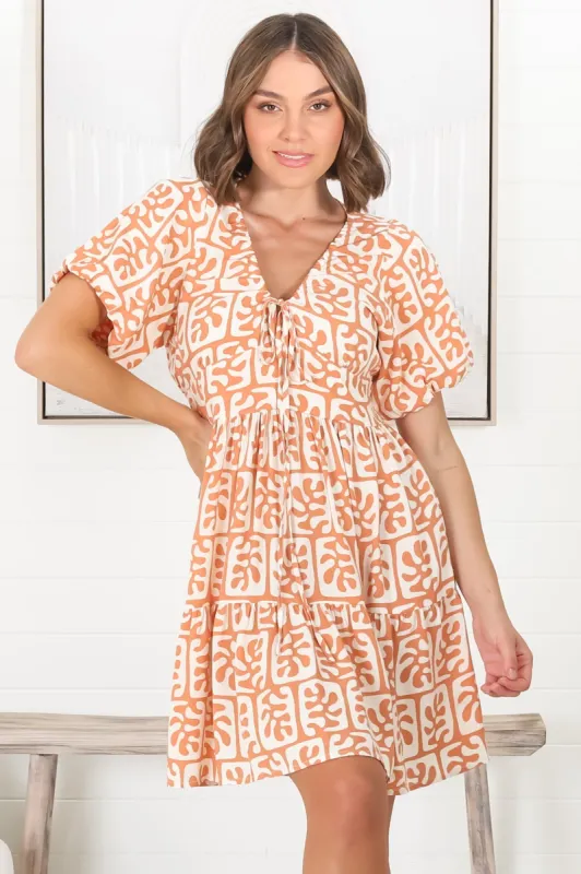 Lilly Mini Dress - Adjustable V Neckline Dress with Cap Sleeves in Davey Print Orange sold by Salty Crush