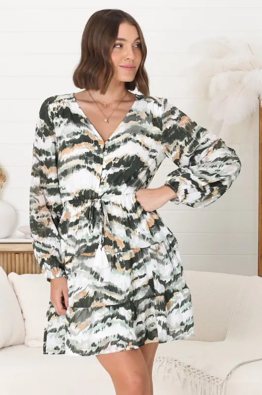 Alicia Mini Dress - A Line Tiered Dress with Pull Tie Waist in Raye Green Print sold by Salty Crush