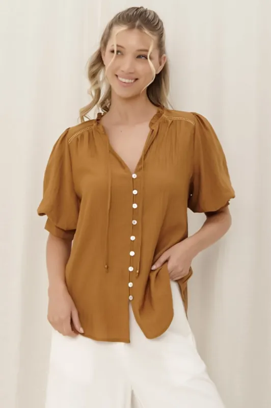 Acacia Blouse - Button Down Short Balloon Sleeve Shirt with Buttoned Cuffs in Tan sold by Salty Crush