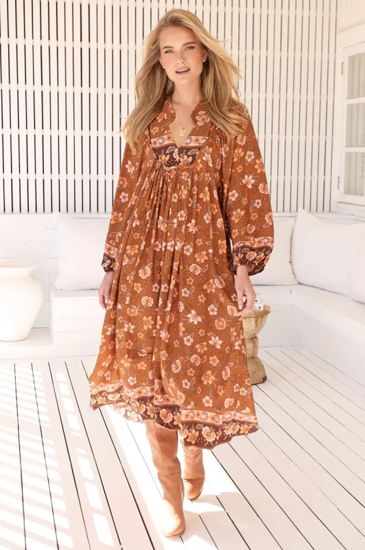 JAASE - Boheme Midi Dress: Piping Defined Bust Long Sleeve Smock Dress in Aubrey Print sold by Salty Crush