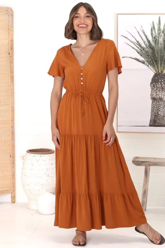 Hanna Maxi Dress - Cap Sleeve Tiered A Line Dress with Toggle Detailed Waist Tie in Rust sold by Salty Crush