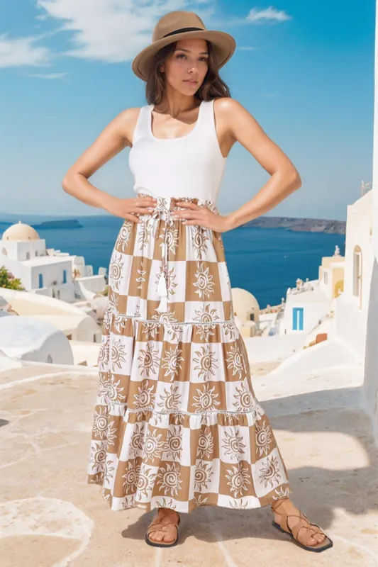 Billy Maxi Skirt - Tiered Crochet Insert Skirt in Tiller Print Beige sold by Salty Crush