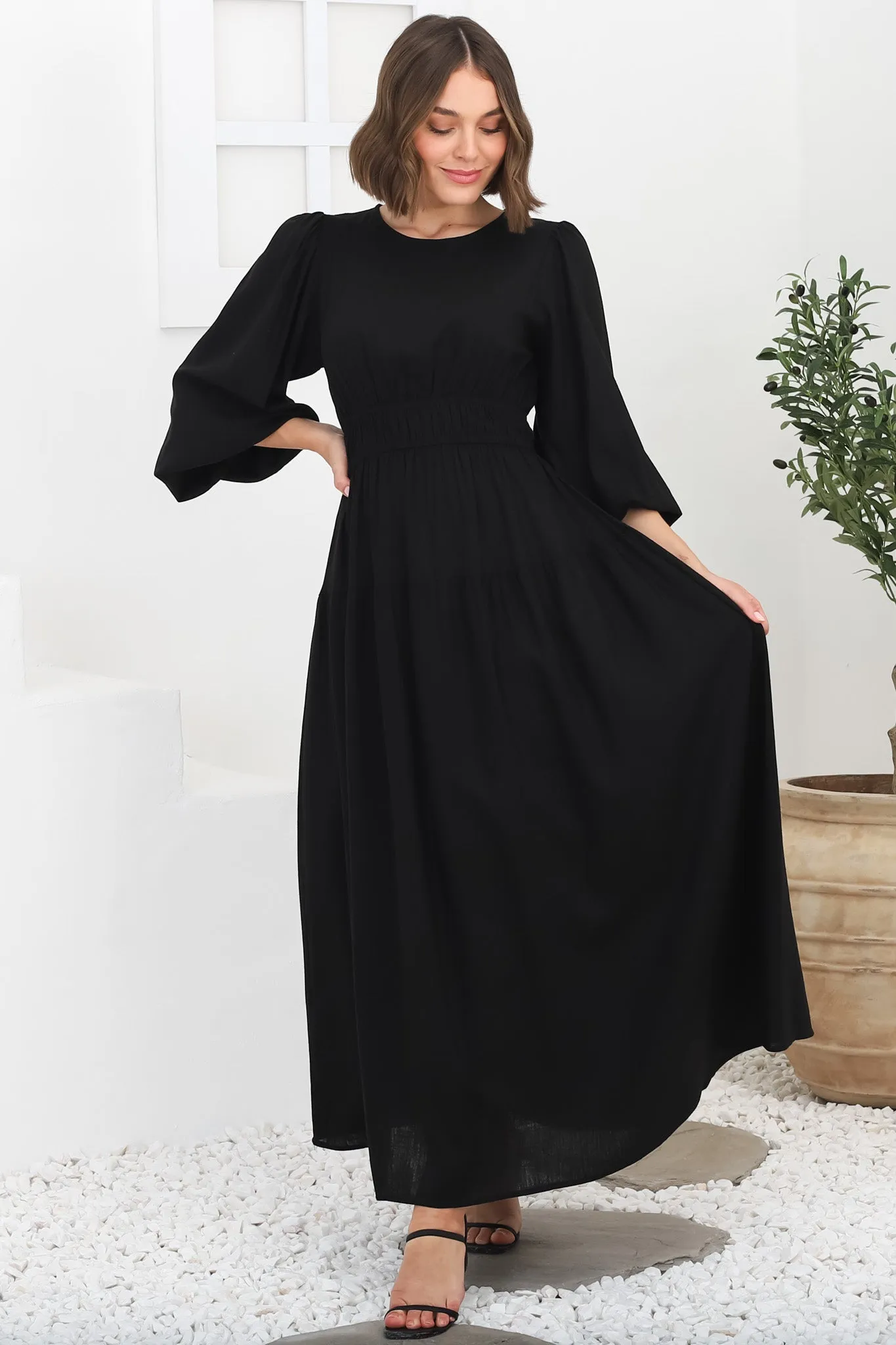Sheyne Maxi Dress - Long Balloon Sleeve Elasicated Waist A Line Dress in Black sold by Salty Crush product image thumbnail 5