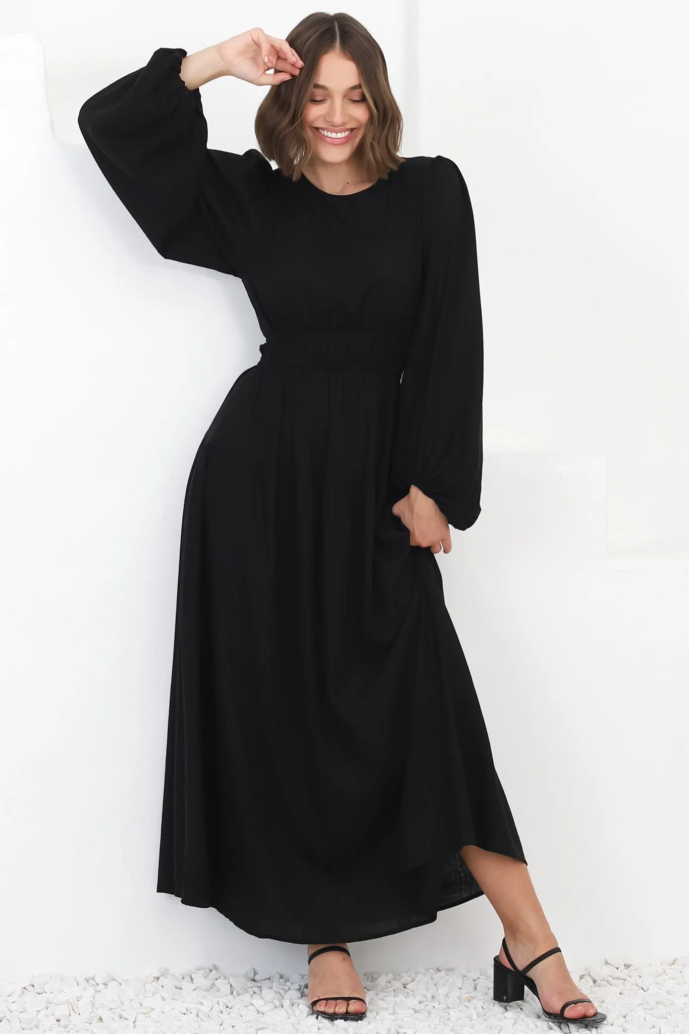Sheyne Maxi Dress - Long Balloon Sleeve Elasicated Waist A Line Dress in Black sold by Salty Crush product image thumbnail 2