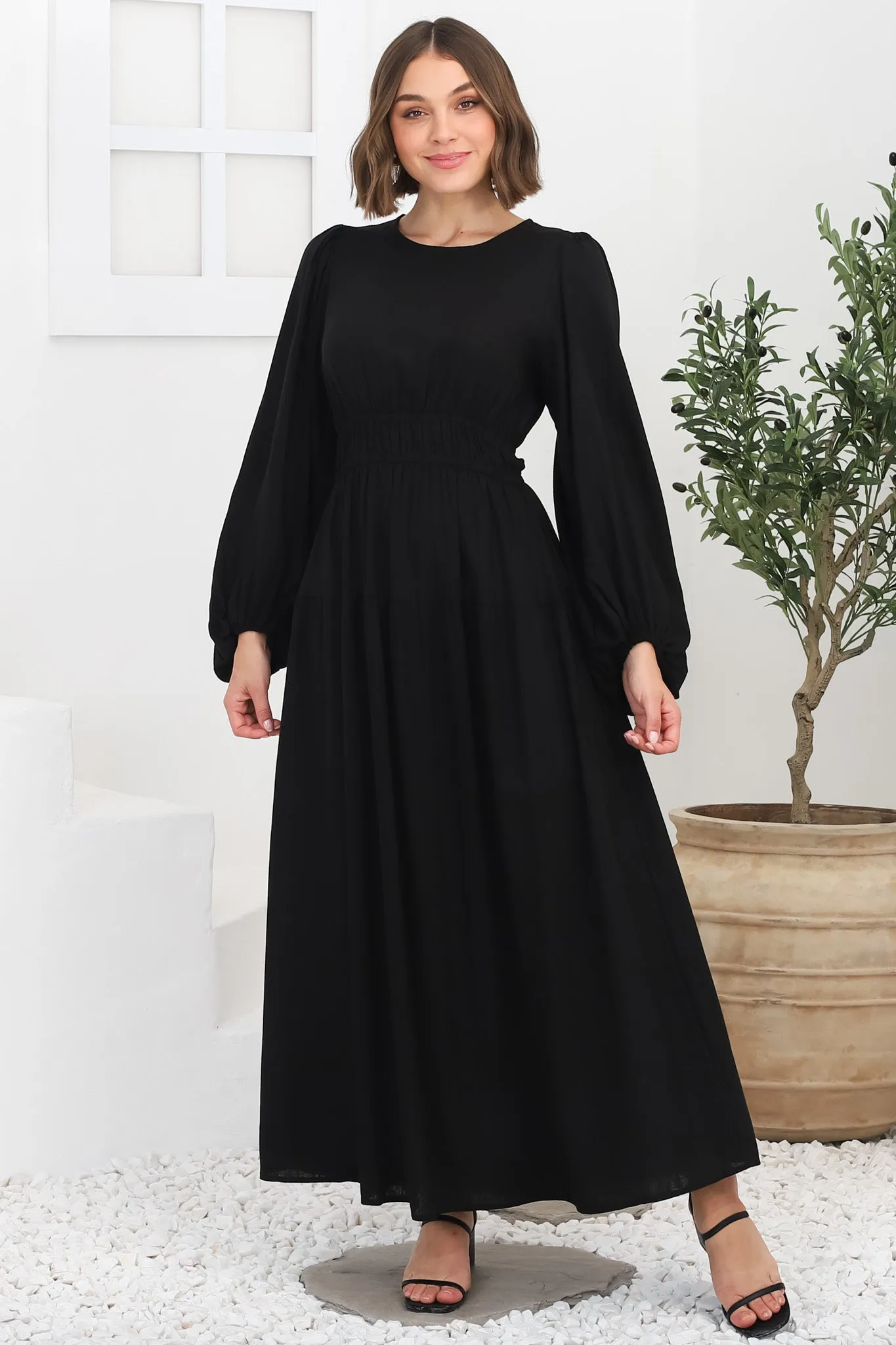 Sheyne Maxi Dress - Long Balloon Sleeve Elasicated Waist A Line Dress in Black sold by Salty Crush product image thumbnail 3