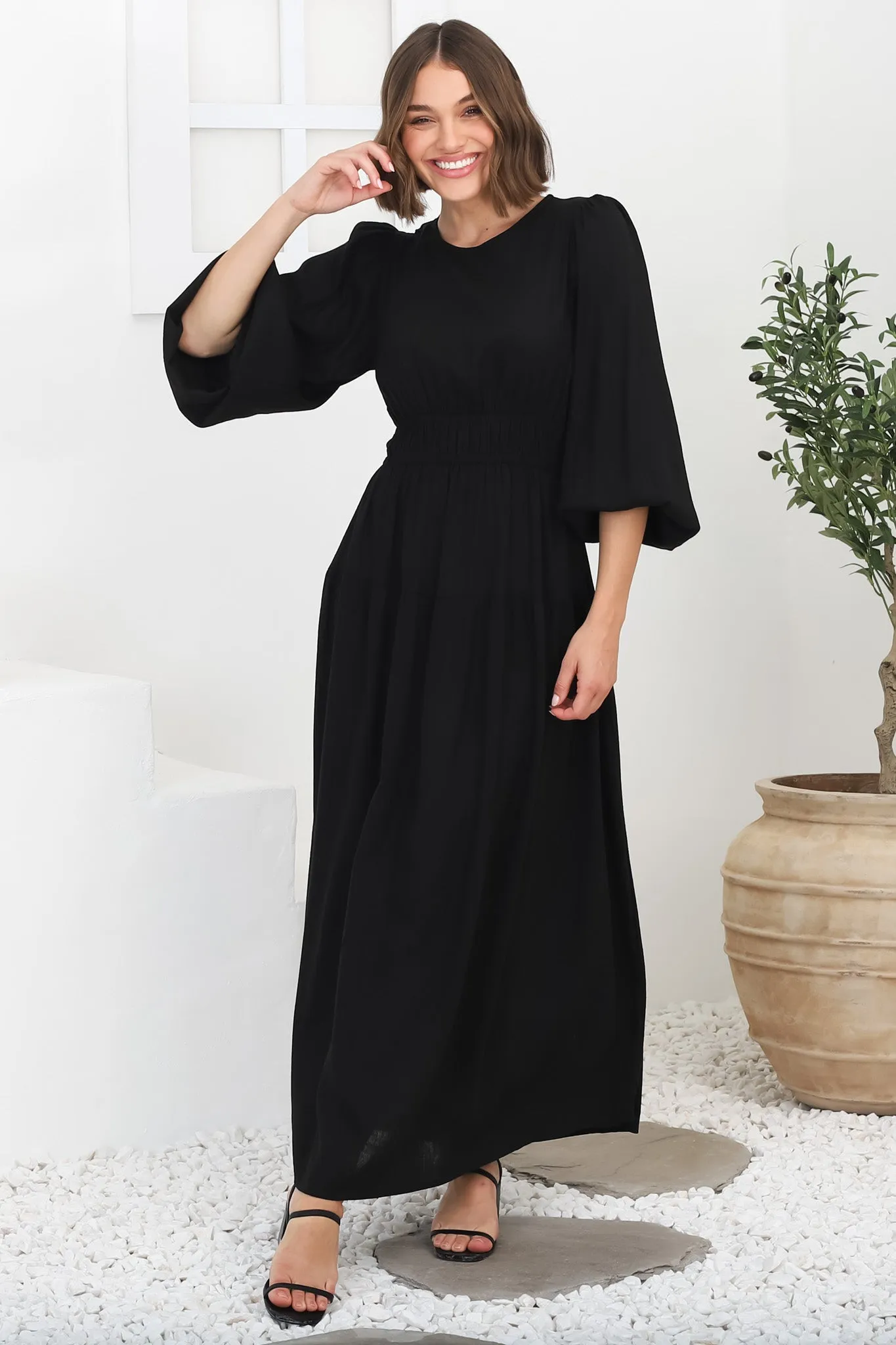 Sheyne Maxi Dress - Long Balloon Sleeve Elasicated Waist A Line Dress in Black sold by Salty Crush product image thumbnail 4