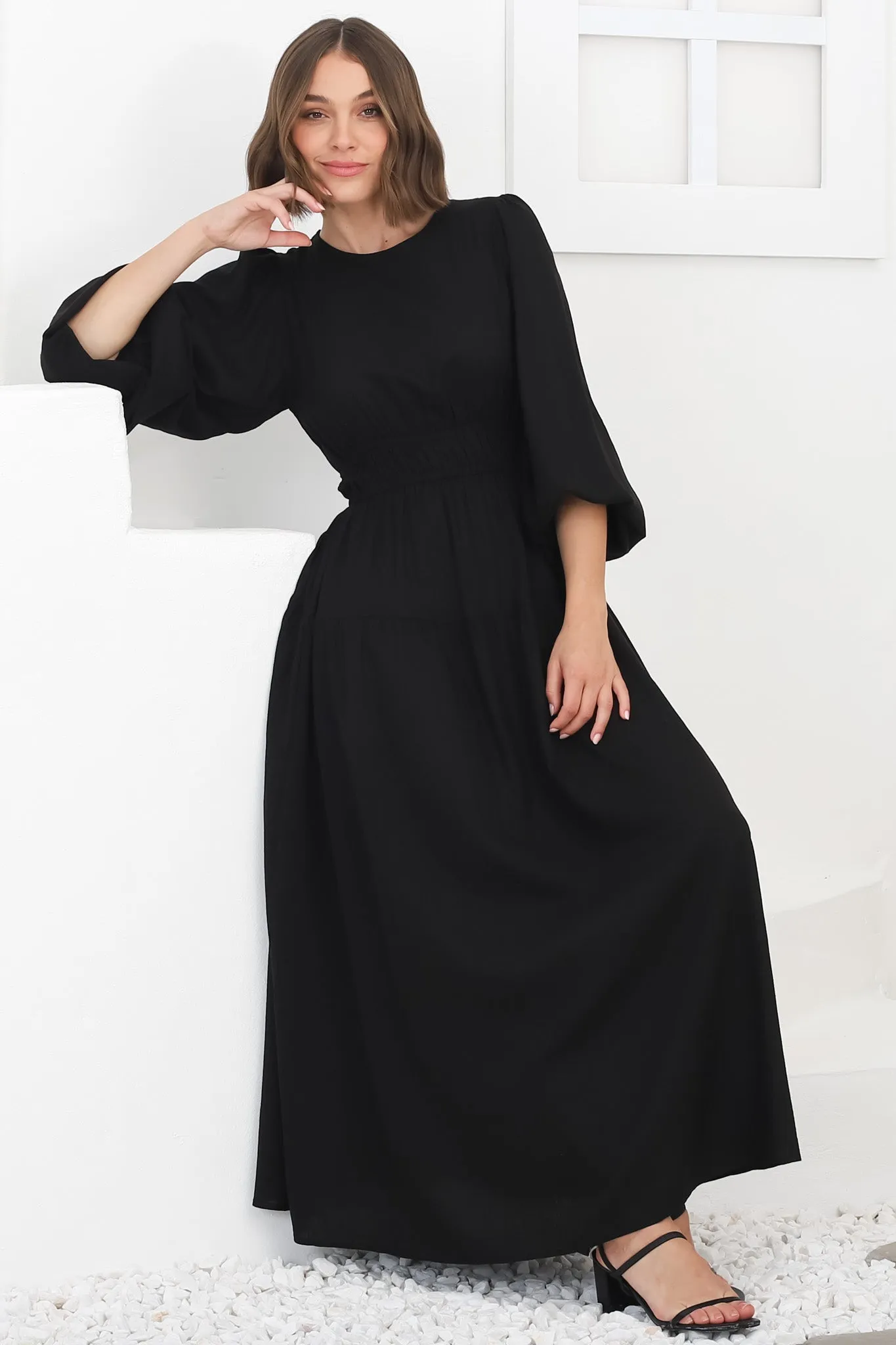 Sheyne Maxi Dress - Long Balloon Sleeve Elasicated Waist A Line Dress in Black sold by Salty Crush