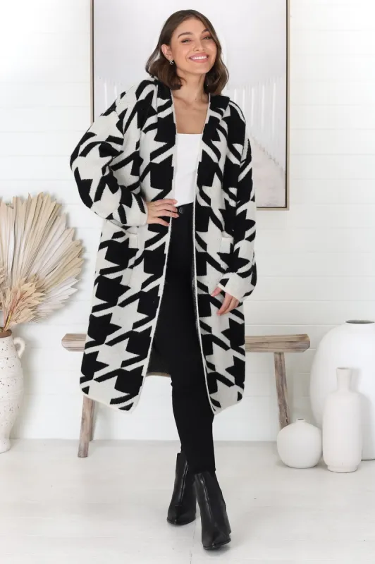 Celie Cardigan - Long Line Open Hooded Graphic Cardigan in Black sold by Salty Crush