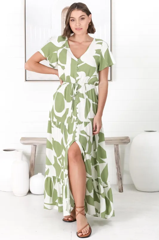 Kassidy Maxi Dress - Button Through A Line Dress with Waist Tie in Azira Print Kiwi sold by Salty Crush