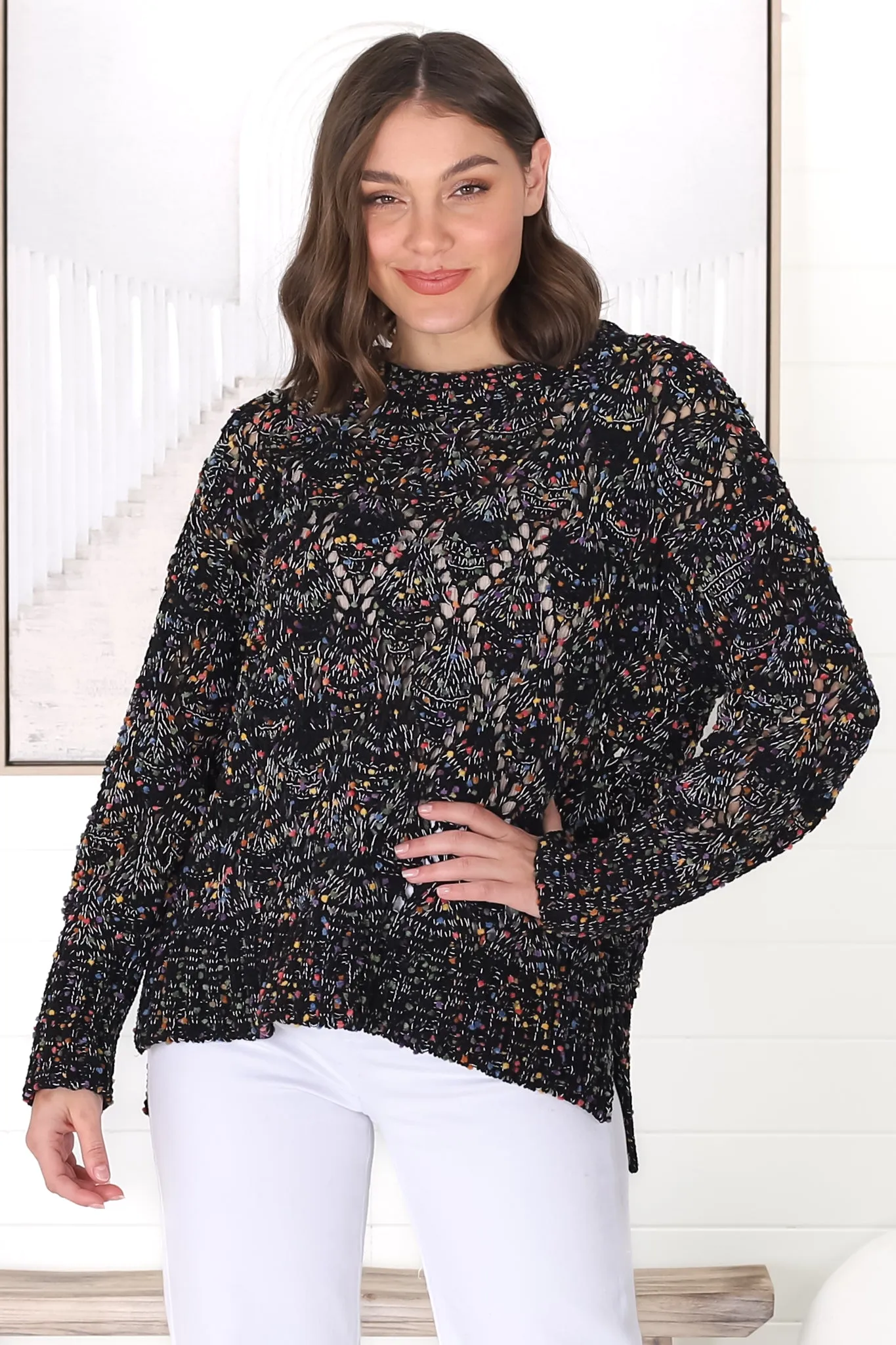 Honour Jumper - Rainbow Speck Open Crochet Knit Jumper in Black sold by Salty Crush product image thumbnail 5