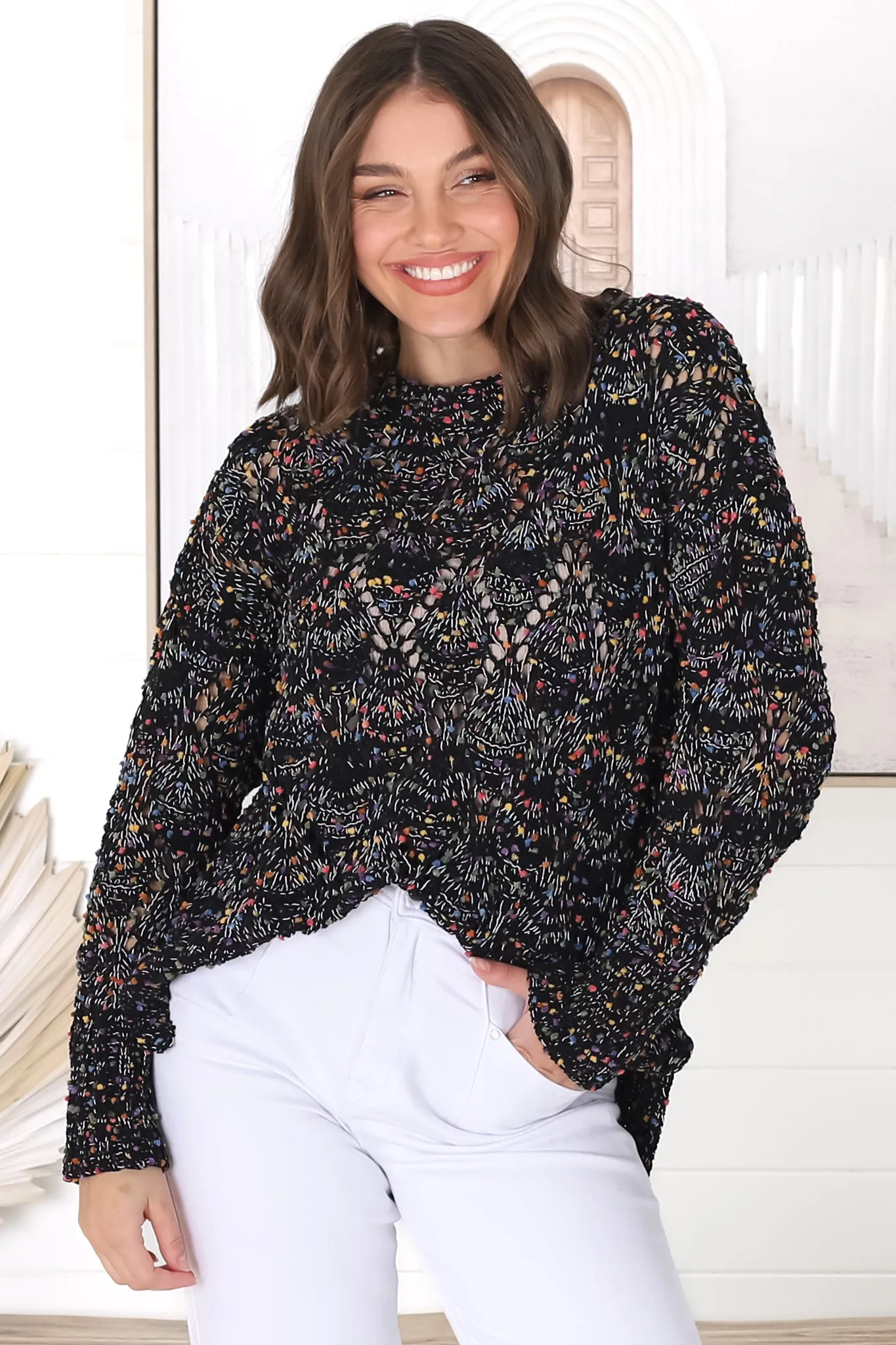 Honour Jumper - Rainbow Speck Open Crochet Knit Jumper in Black sold by Salty Crush