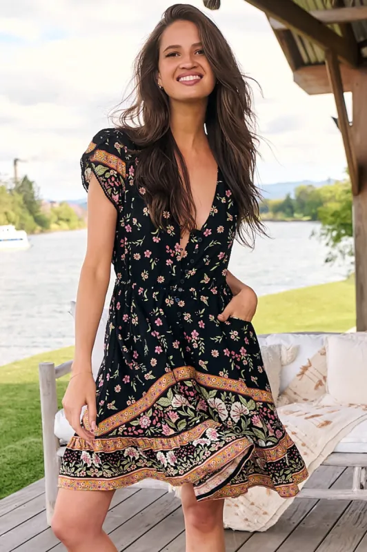 Lizzie Mini Dress - Butterfly Cap Sleeve Button Down Dress with Pockets in Eternity Print sold by Salty Crush