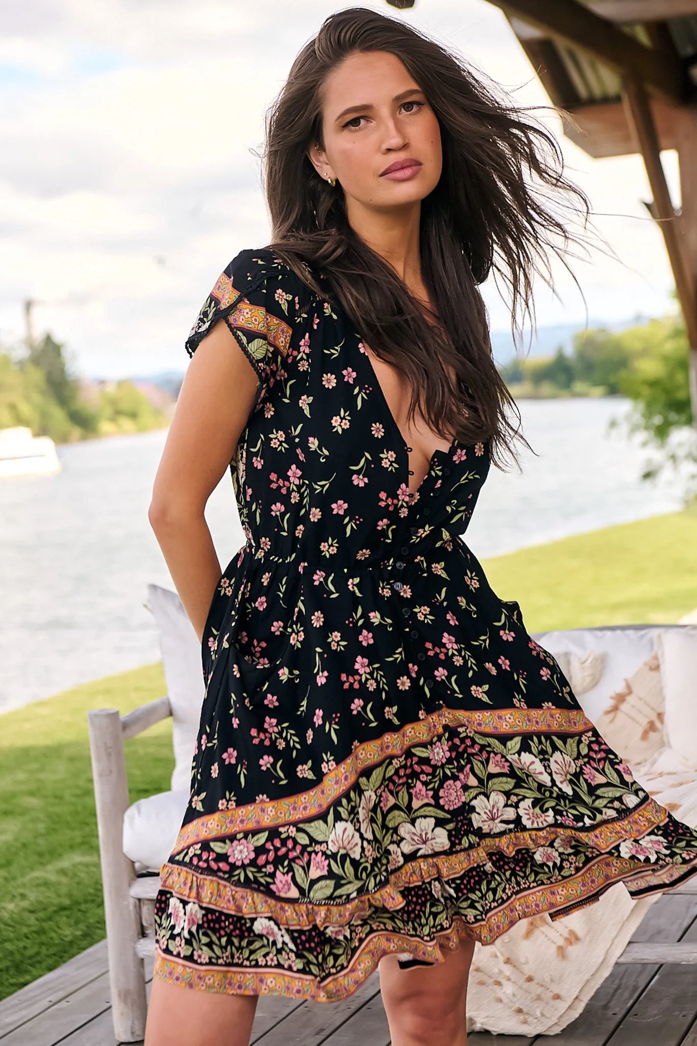 Lizzie Mini Dress - Butterfly Cap Sleeve Button Down Dress with Pockets in Eternity Print sold by Salty Crush product image thumbnail 5