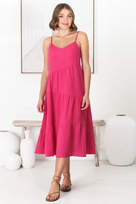 Rinley Midi Dress - Adjustable Strap Tiered Dress in Hot Pink sold by Salty Crush