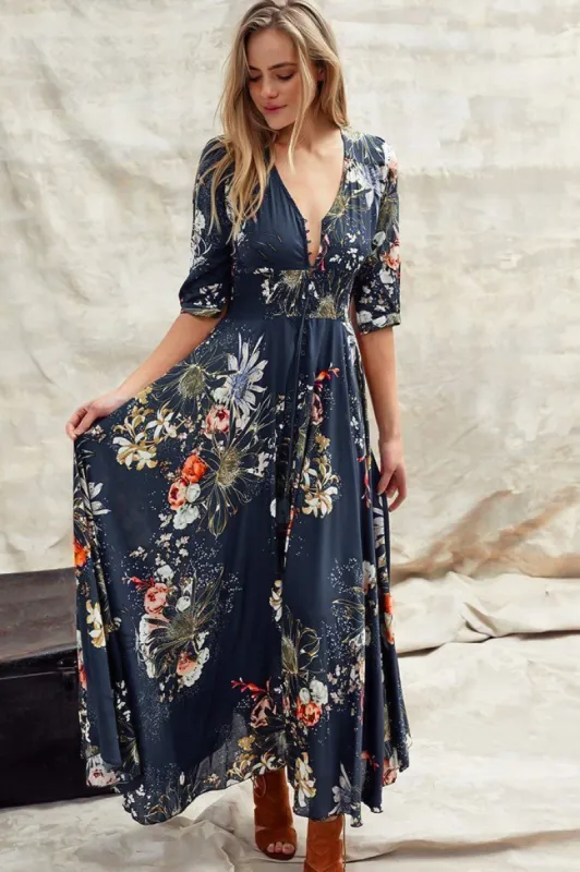 Indiana Maxi Dress - Lace Back Shirred Waist A Line Dress with Handkerchief Hemline in Indigo Print sold by Salty Crush