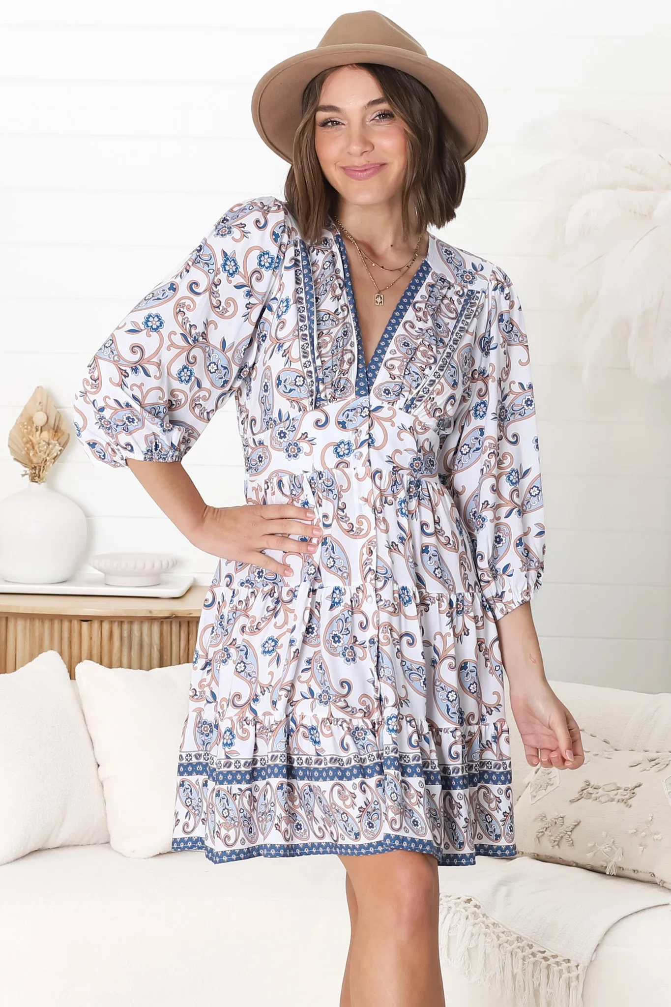 Amilia Mini Dress - A Line Tiered Button Through Dress in Soph Print sold by Salty Crush