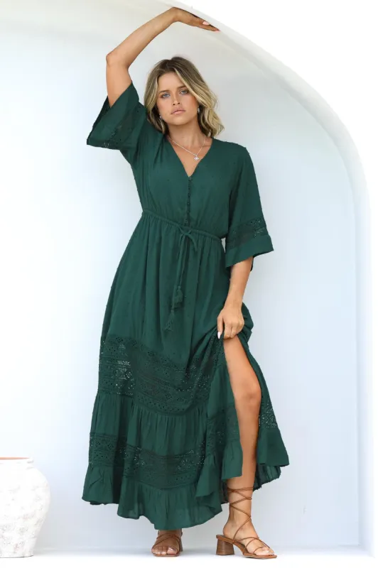 Kaely Maxi Dress - Delicate Lace Panel Detailed A Line Dress in Emerald sold by Salty Crush