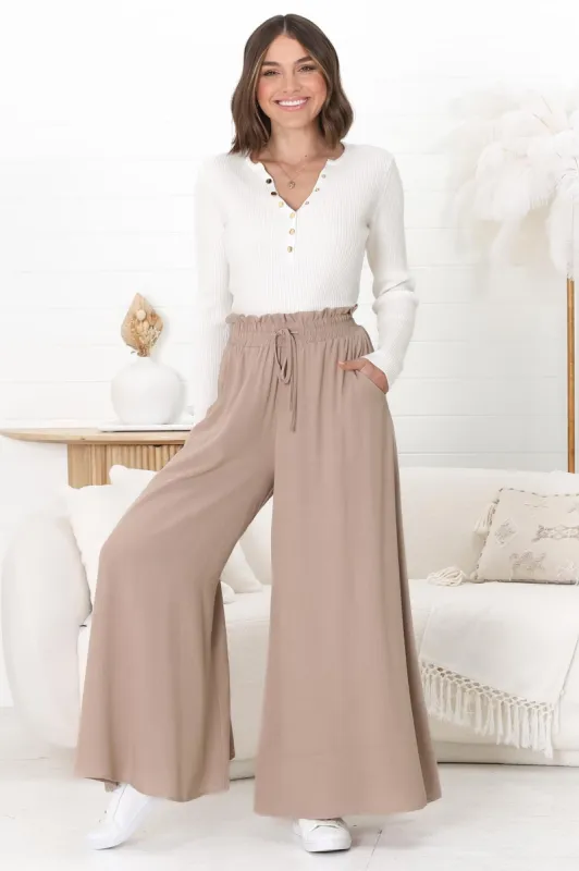 Charli Pants - Paper Bag High Waisted Wide Leg Pants in Sand sold by Salty Crush