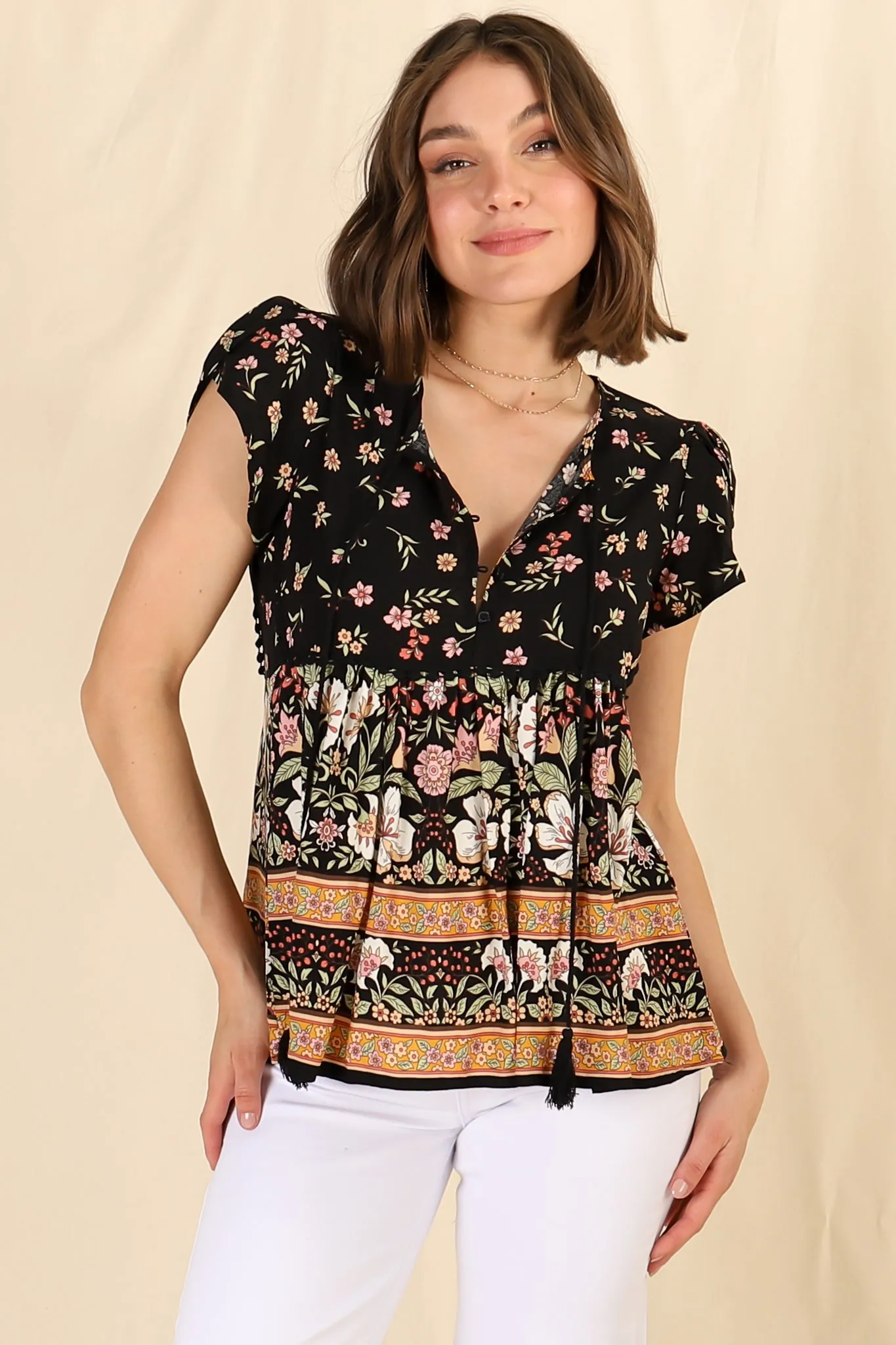JAASE - Ella Top: Butterfly Cap Sleeve Smock Top with Neck Tie in Eternity Print sold by Salty Crush