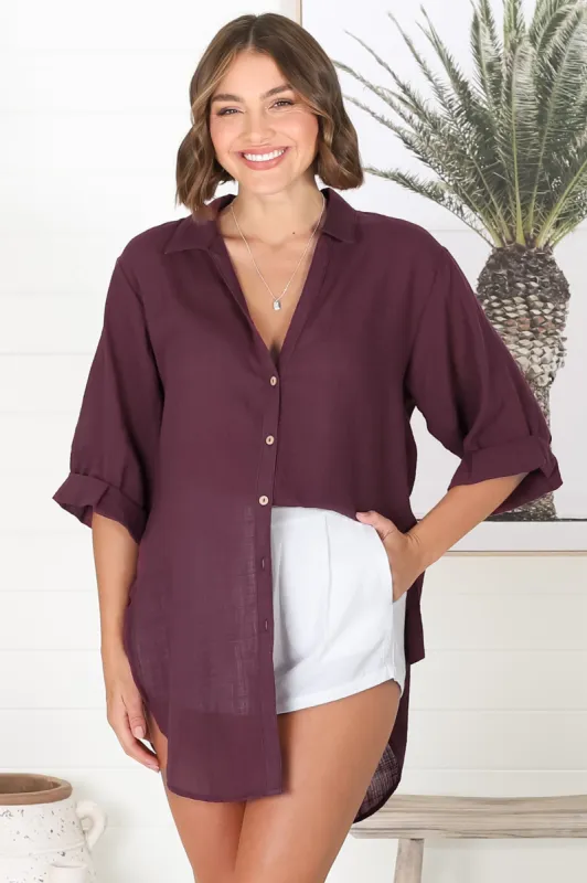 Beachly Shirt - Folded Collar Button Down Relaxed Shirt In Burgundy sold by Salty Crush