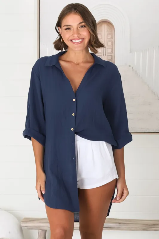 Beachly Shirt - Folded Collar Button Down Relaxed Shirt In Navy sold by Salty Crush