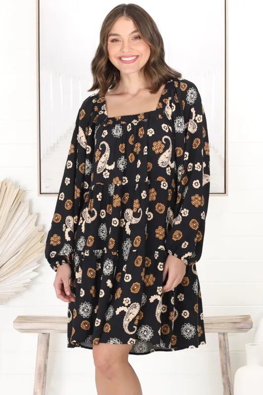 Finnie Mini Dress - On or Off Shoulder Long Sleeve Smock Dress in Paisley Print sold by Salty Crush