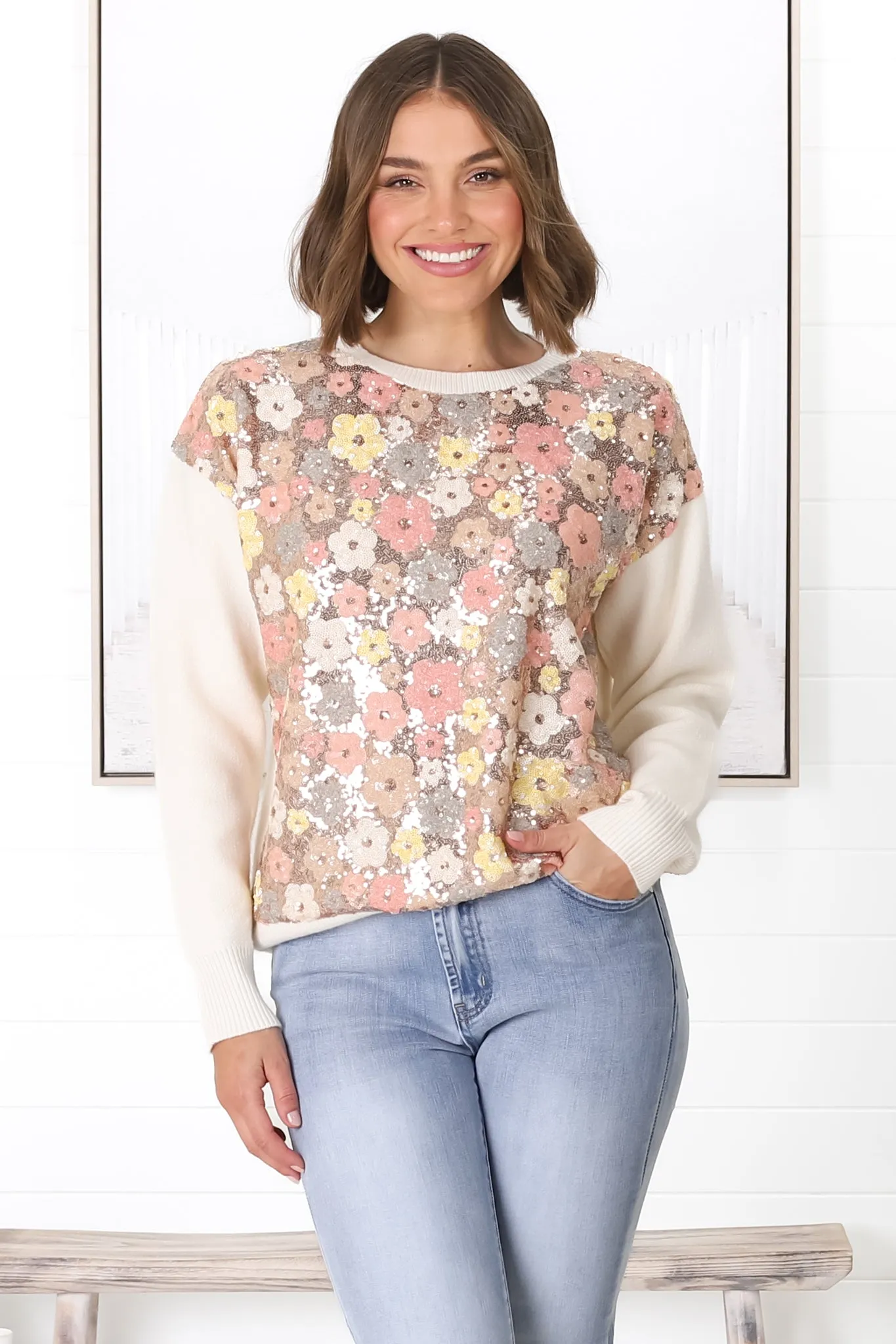 Poppet Jumper - Sequin Flower Decal Jumper in Cream sold by Salty Crush product image thumbnail 4